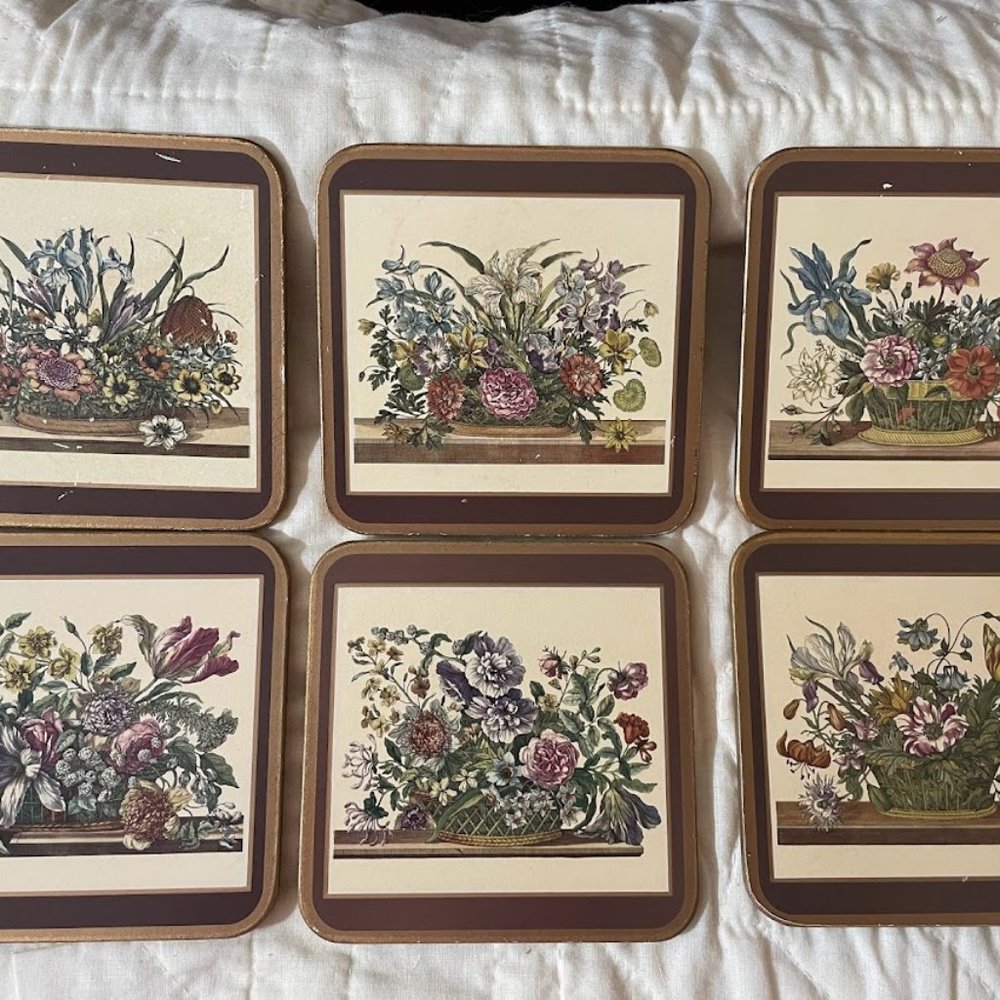 Set of Six Pimpernel Floral Array Cork Backed Coaster in Original Box Floral